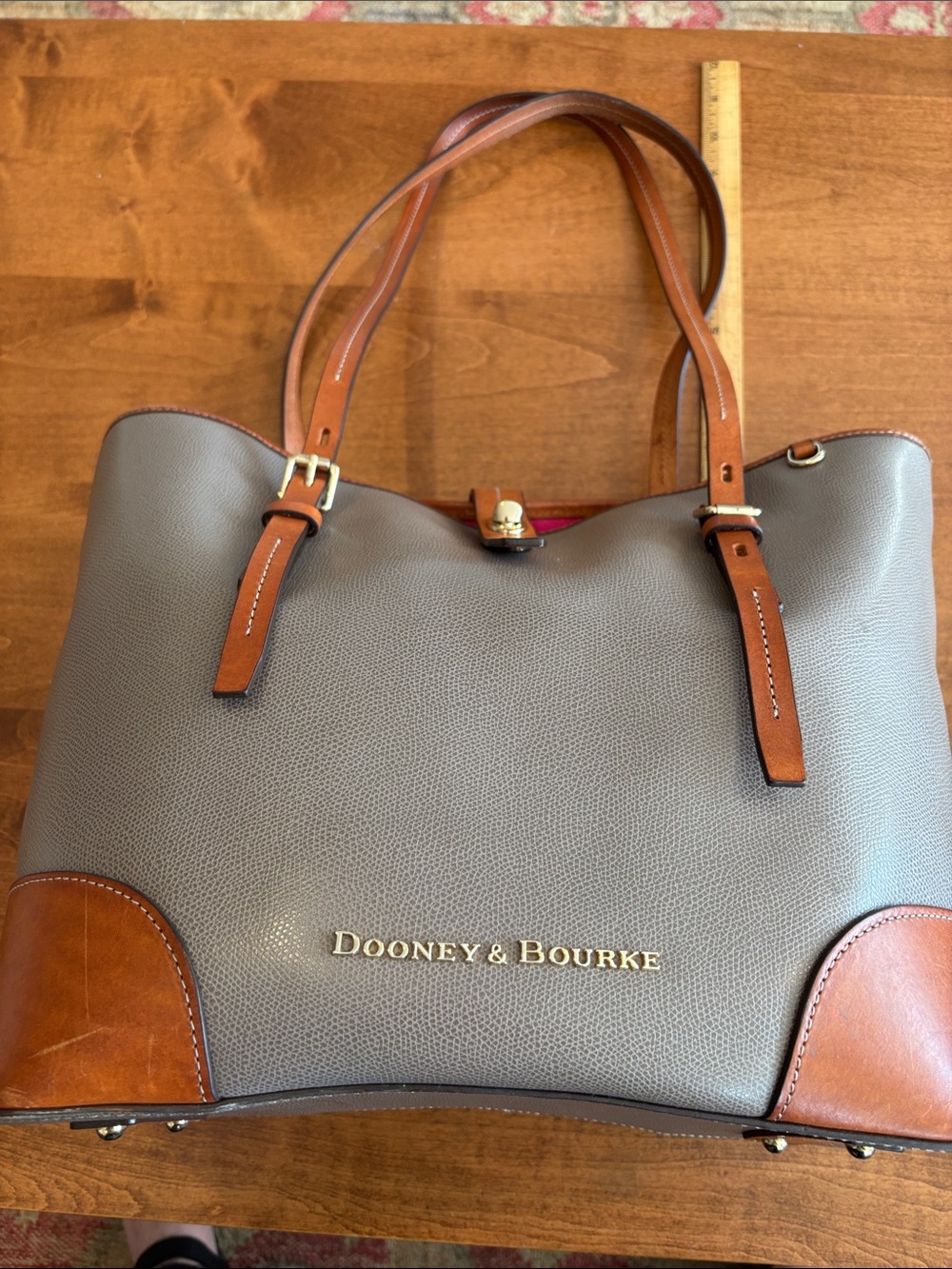 Dooney & Bourke Taupe Pebbled Leather Tote with Brown Trim